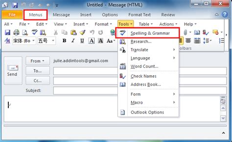 where is spell check in outlook 2016.